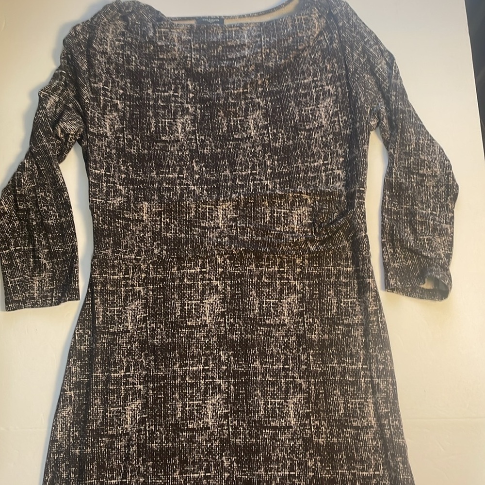 Ann Taylor Cowl Neck Ruched‎ Waist Midi 3/4 Sleeve Dark Brown Cream Dress Size 6